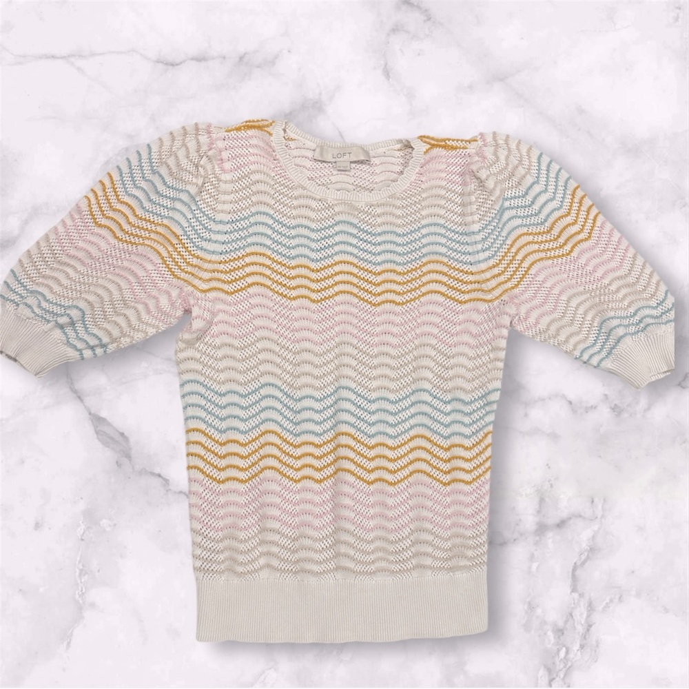 Loft Spring Colored Scalloped Cable Knit Balloon Sleeve Top Women’s Size Xsmall